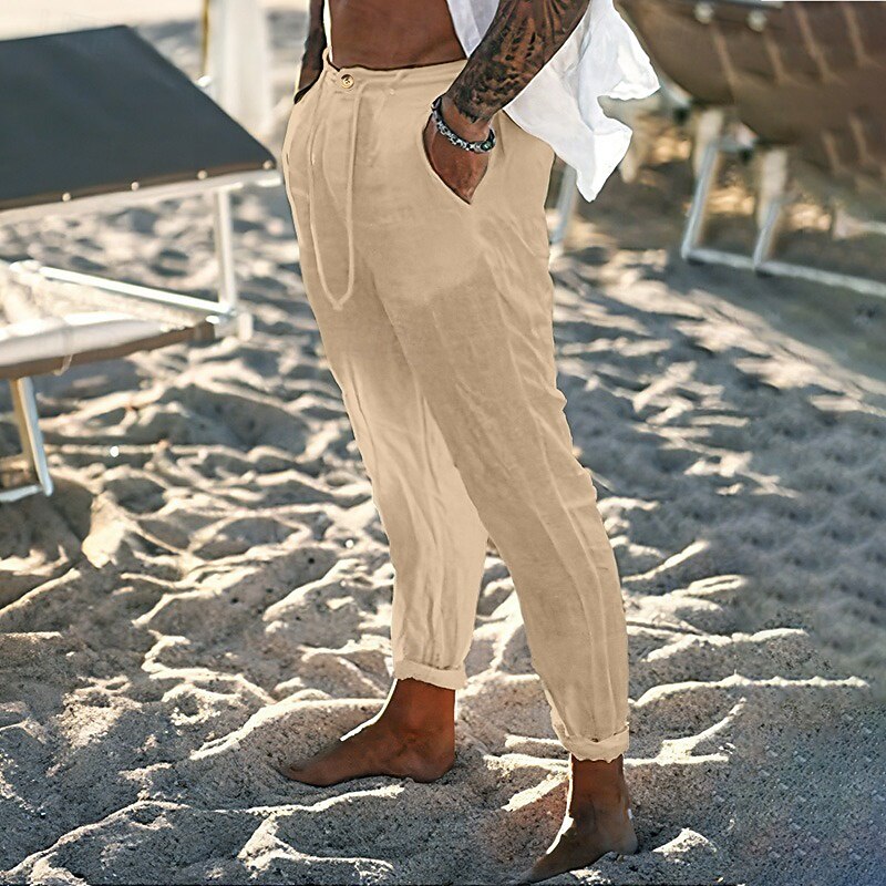 Men's Linen Pants Trousers Summer Pants Beach Pants Drawstring Front Pocket Plain Comfort Breathable Casual Daily Holiday Fashion Basic Black White2