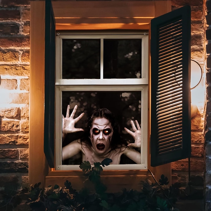 Halloween Window Cover Decorations, Fabric Bloody Hand Creepy Halloween Curtain Horror Movie Poster Window Door Covering Decor for Haunted House, Scary Halloween Window Clings Decals Indoor Outdoor2