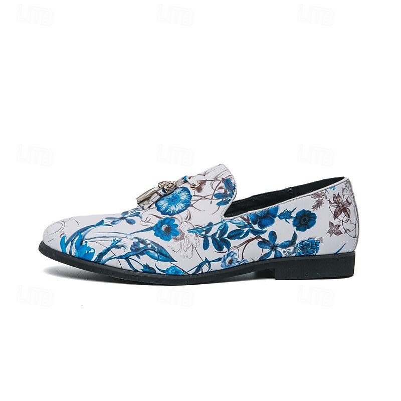 Men's Floral Print Loafers with Tassel Detail - Vintage Style Slip-On Dress Shoes for Formal Occasions4