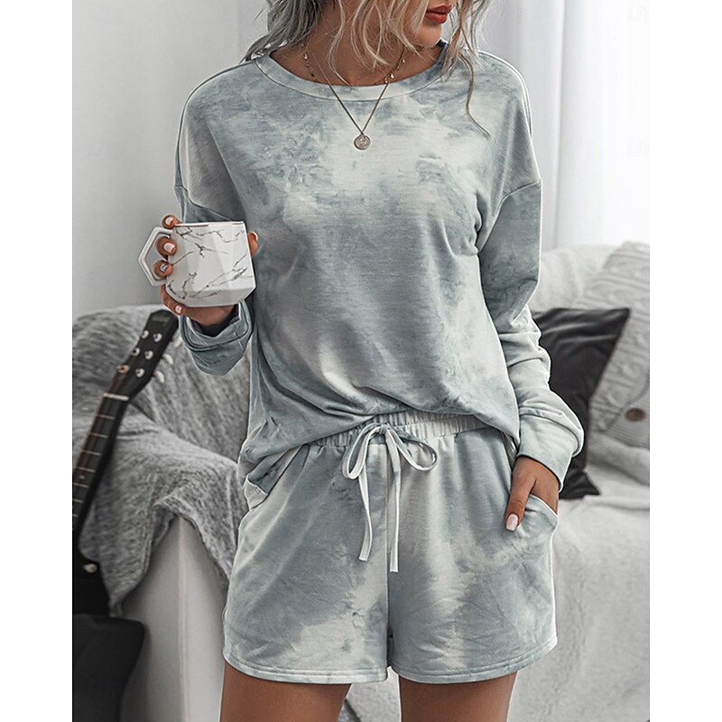 Women's Loungewear Pajama Set 2 Pieces Tie Dye Casual Comfort Home Crew Neck Pink Blue Home Outfits4