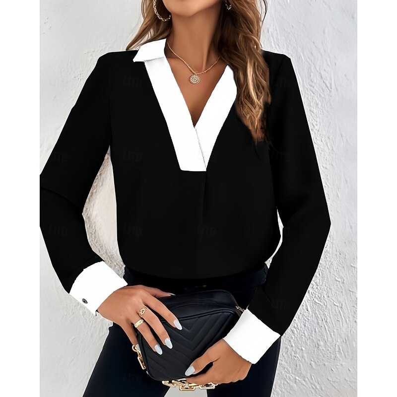 Women's Shirt Modern Long Sleeve Regular Tops Shirt Collar Work Black White Green Khaki Spring Fall Winter4