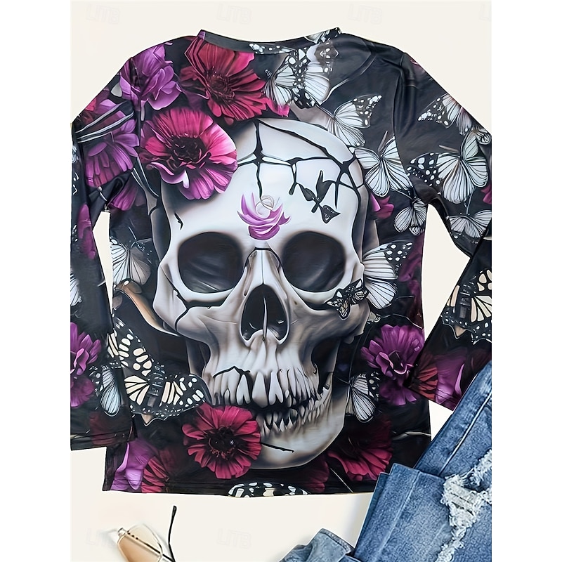 Halloween Women's T Shirt Skulls Long Sleeve Crew Neck Long Sleeve Tunic Tee Print Purple Spring Fall Prefall3