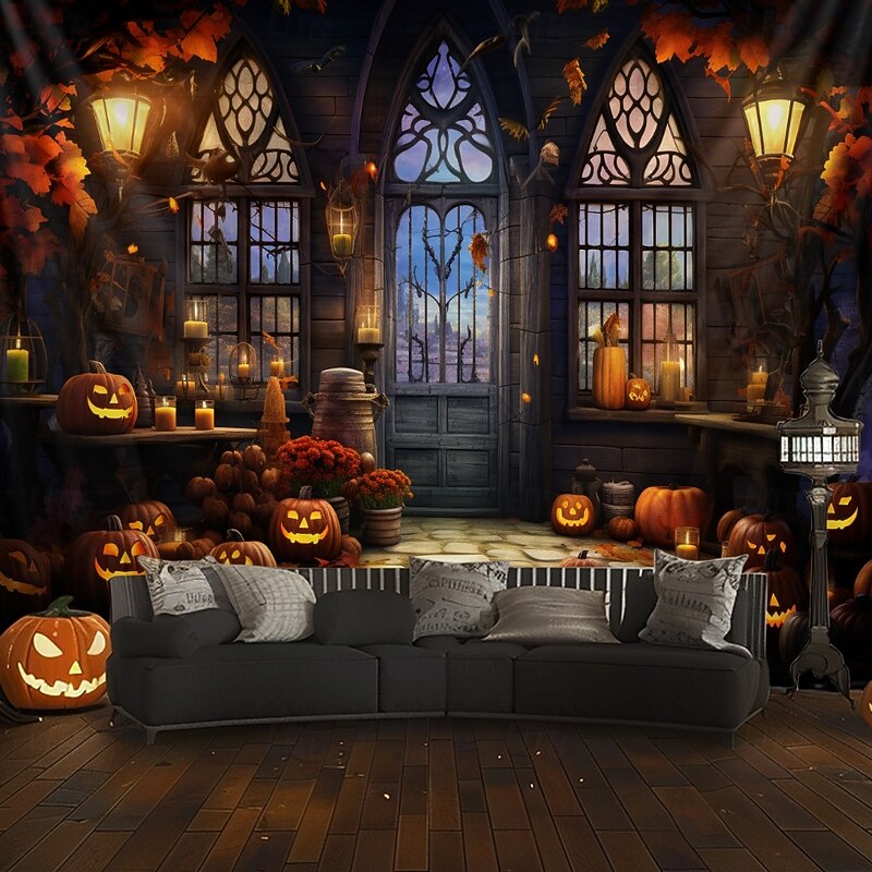 Halloween Decorations Pumpkins Window Hanging Tapestry Wall Art Large Tapestry Mural Decor Photograph Backdrop Blanket Curtain Home Bedroom Living Room Decoration 8