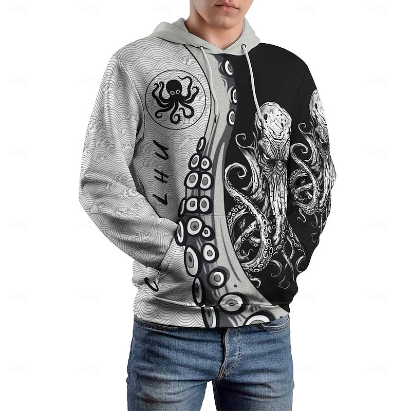 Men's Graphic Gothic Horror Octopus Hoodie Hoodies Sweatshirt Fashion Daily Long Sleeve Hooded Vacation Streetwear Black Grey Printing Fleece Winter Spring &  Fall Designer - Main Image