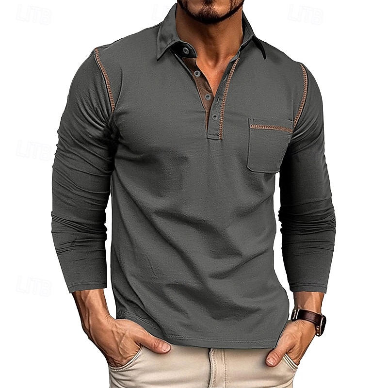 Men's Golf Shirt Golf Polo Work Casual Lapel Long Sleeve Basic Modern Color Block Patchwork Button Spring &  Fall Regular Fit Wine Black Army Green Royal Blue Dark Gray Brown Golf Shirt4