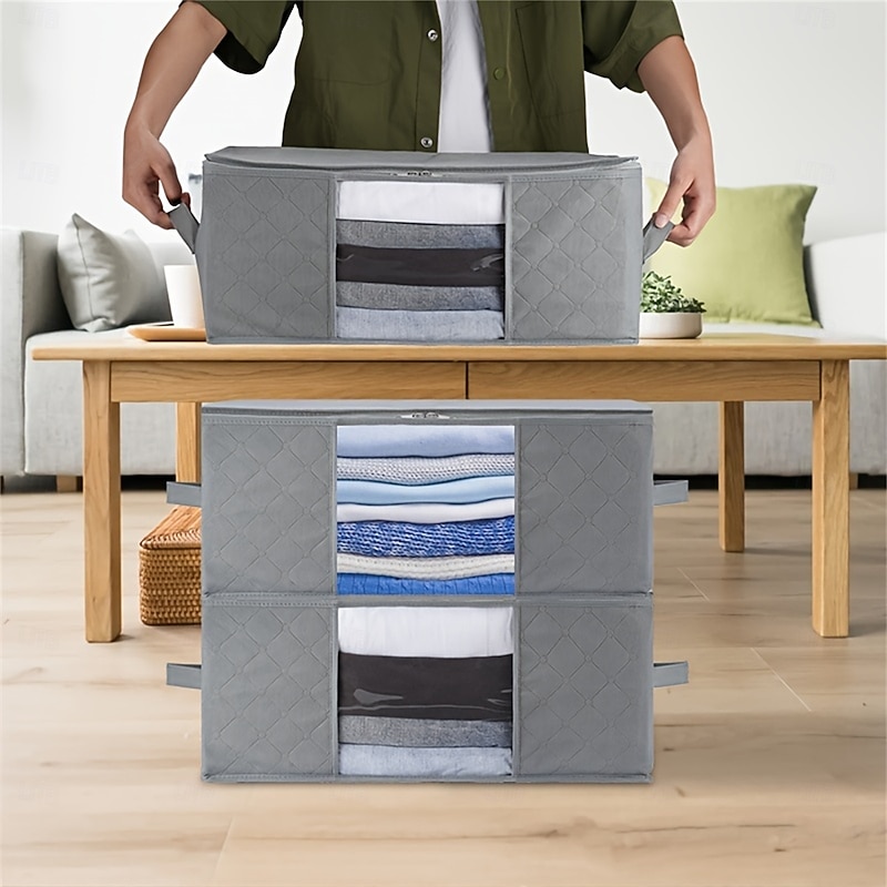 1/2/3pcs Foldable Storage Bag Set with Handles & Lids - Versatile Organizer for Clothes Bedroom Kitchen Bathroom Supplies - Durable Non-Woven Fabric TSA Approved - Gray