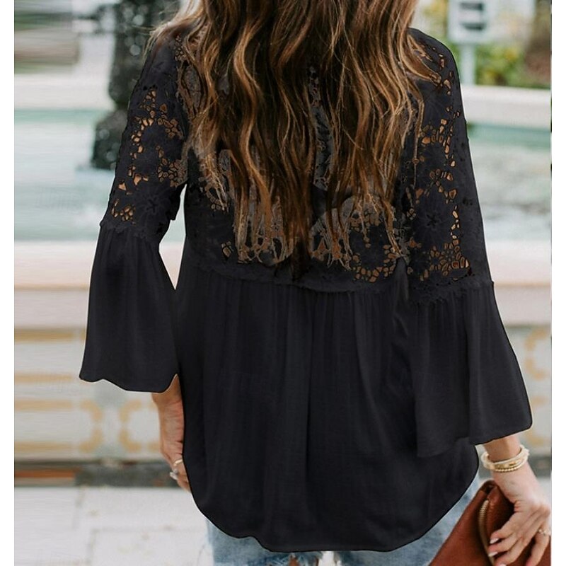 Women's White Elegant Lace Tops Eyelet Blouse Stylish Modern Lace Bell Sleeve 3/4 Length Sleeve V Neck Work Daily Black White Purple Green Spring Fall4