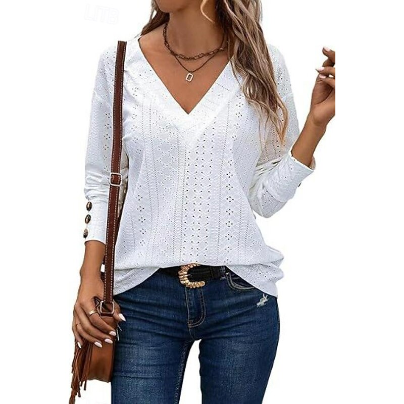 Women's Blouse Elegant Stylish Modern Hollow Out Long Sleeve Regular Tops V Neck Work Daily Black White Pink Brown Spring Fall Winter3