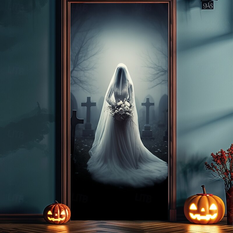 Halloween Door Decorations Halloween Door Covers Zombie Bride Door Tapestry Door Curtain Decoration Backdrop Door Banner for Front Door Farmhouse Holiday Party Decor Supplies3