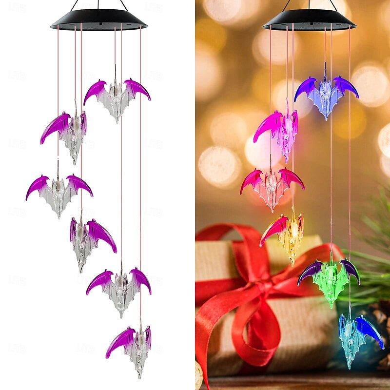 Bat Solar Wind Chimes for Outdoor, Waterproof Color-Changing LED Memorial Bat Wind Chimes Women Gifts for Mom, Automatic Light Sensor Windchimes Birthday Gifts for Party Yard Garden2