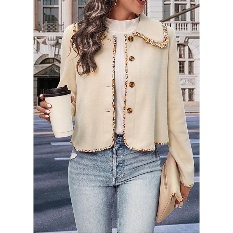 Women's Jacket Party Patchwork Solid Color Windproof Fashion Regular Fit Outerwear Long Sleeve Fall White S