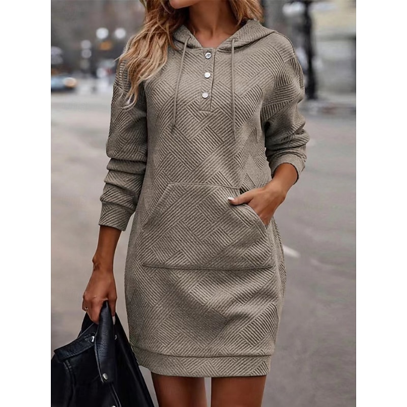 Women's Shift Dress Midi Dress Drawstring Casual Crew Neck Long Sleeve Black Khaki Beige Color4