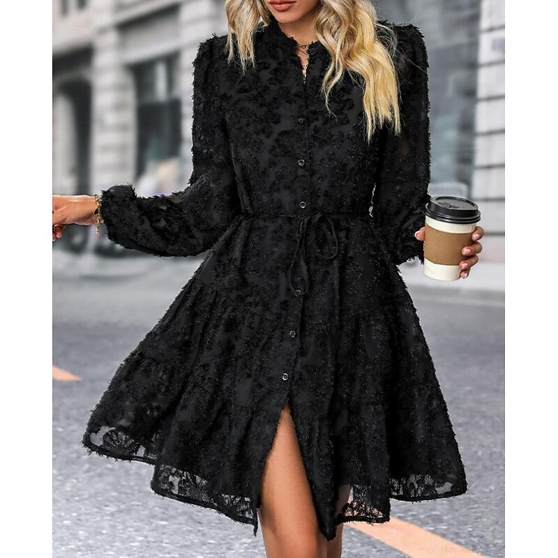 Women's Midi Dress Black Dress Cocktail Dress Formal Dress Plain Dress Vintage Casual Street Date Regular Fit Plain Long Sleeve Shirt Collar Black White Green Summer Spring Fall2