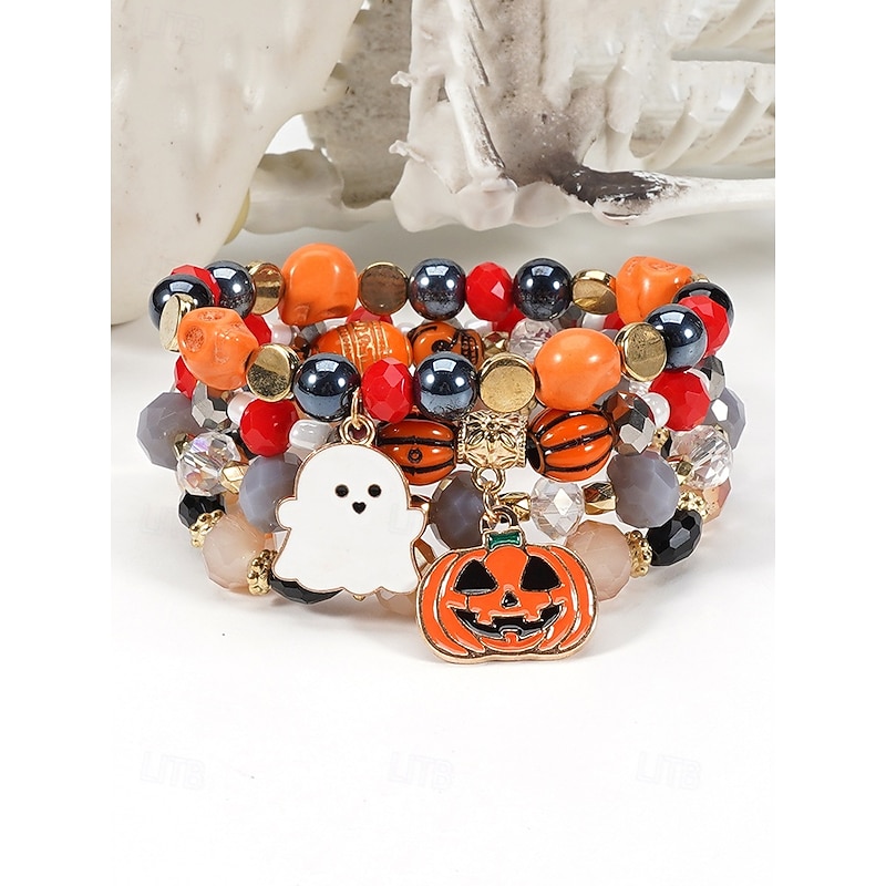 Women's Colorful Halloween Beaded Bracelet with Pumpkin and Bat Charms for Festive and Party Wear