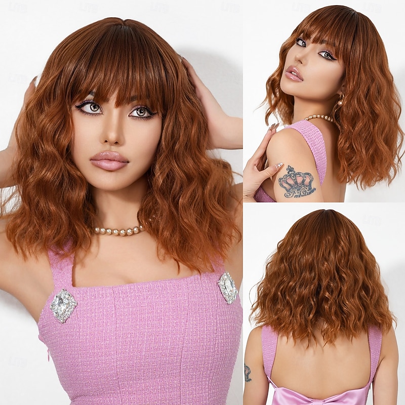 Cosplay Costume Wig Curly Bouncy Curl Bob Neat Bang With Bangs Wig 14 inch Orange Synthetic Hair Women's Elastic Adorable Comfortable Orange3