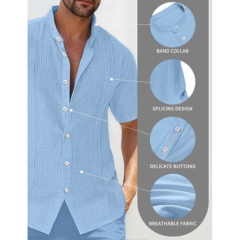 Men's Linen Shirt Guayabera Shirt Band Collar Shirt Summer Shirt Beach Wear Casual Shirt Plain Casual Daily Black White Blue Green Short Sleeve Stand Collar Summer Clothing Apparel3