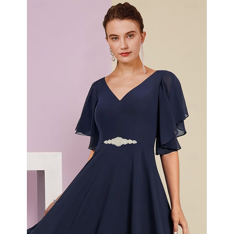 A-Line Mother of the Bride Dress Formal Wedding Guest Elegant V Neck Tea Length Chiffon Lace Short Sleeve with Appliques Crystal Brooch4