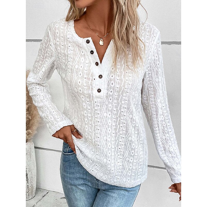 Women's Tunic Elegant Casual Lace Long Sleeve Regular Tops Daily Black White Beige Spring Fall