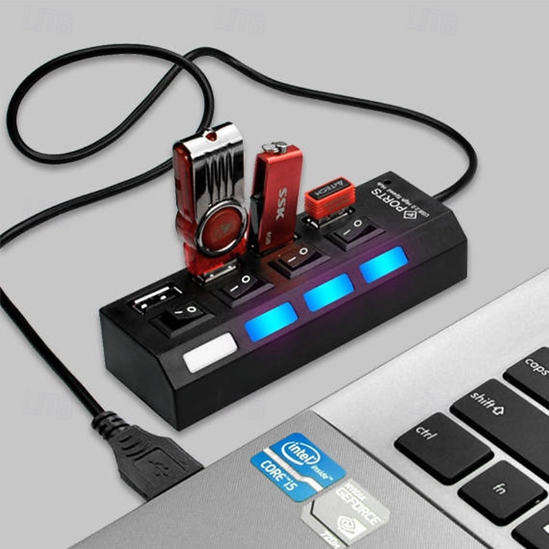 4 Ports USB HUB 2.0 Adapter Expander Multi USB Splitter Multiple Extender with Independent Switches LED Indicator