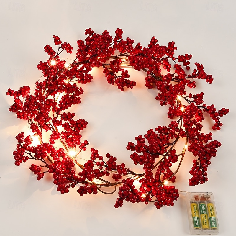 Christmas Wreath Light Simulation Red Fruit Cane Fairy String Lights 1.9m 20LEDs Battery Powered Xmas New Year Party Holiday Wedding Home Garden Balcony Decoration2