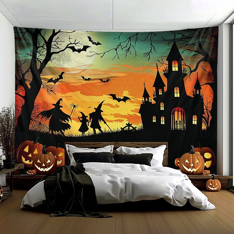 Halloween Decorations Hanging Tapestry Witches Castle Wall Art Large Tapestry Mural Decor Photograph Backdrop Blanket Curtain Home Bedroom Living Room Decoration 8