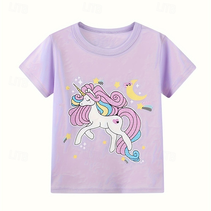 100% Cotton Kids Girls' Black White Cartoon Unicorn T shirt Tee Crew Neck Short Sleeve Outdoor Daily Vacation Classic Casual Print Summer