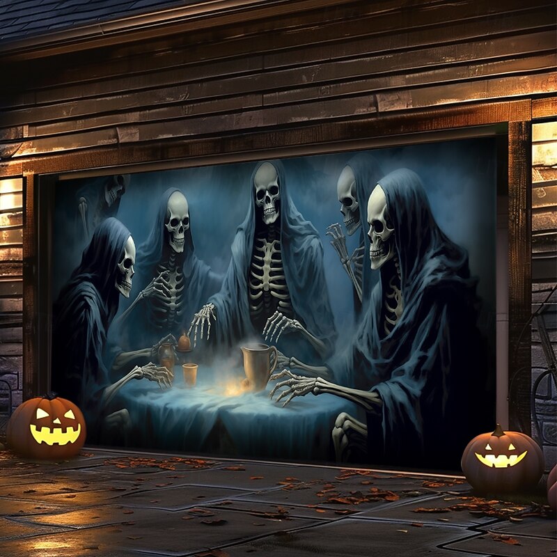 Halloween Door Decorations Outdoor Halloween Garage Door Cover Skeletons Banner Large Tapestry Backdrop Decoration for Holiday Outdoor Garage Door Home Wall Decorations 13