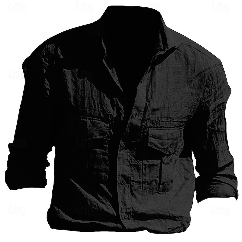 Men's Summer Shirt Beach Shirt Plain Casual Daily Black White Light Green Khaki Long Sleeve Lapel Spring & Summer Clothing Apparel Front Pocket4