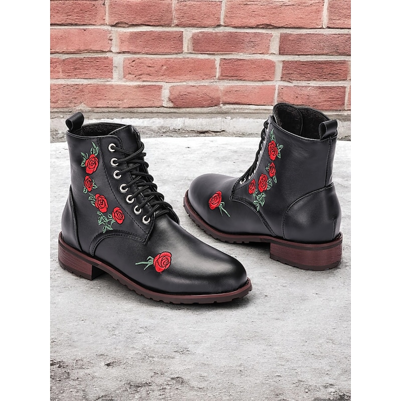 Women's Rose Embroidered Black Ankle Boots - Fashionable and Comfortable Footwear for Everyday Wear, Parties, and Outdoor Activities