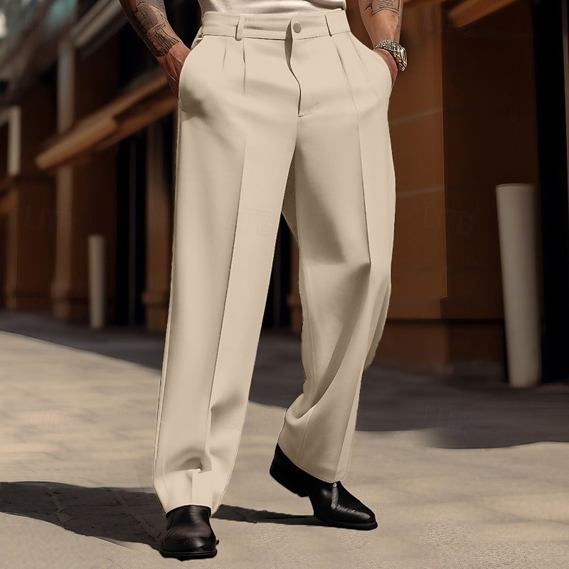 Men's Dress Pants Trousers Casual Pants Suit Pants Buttons Front Pocket Straight Leg Plain Comfort Business Daily Holiday Fashion Chic & Modern Black White2