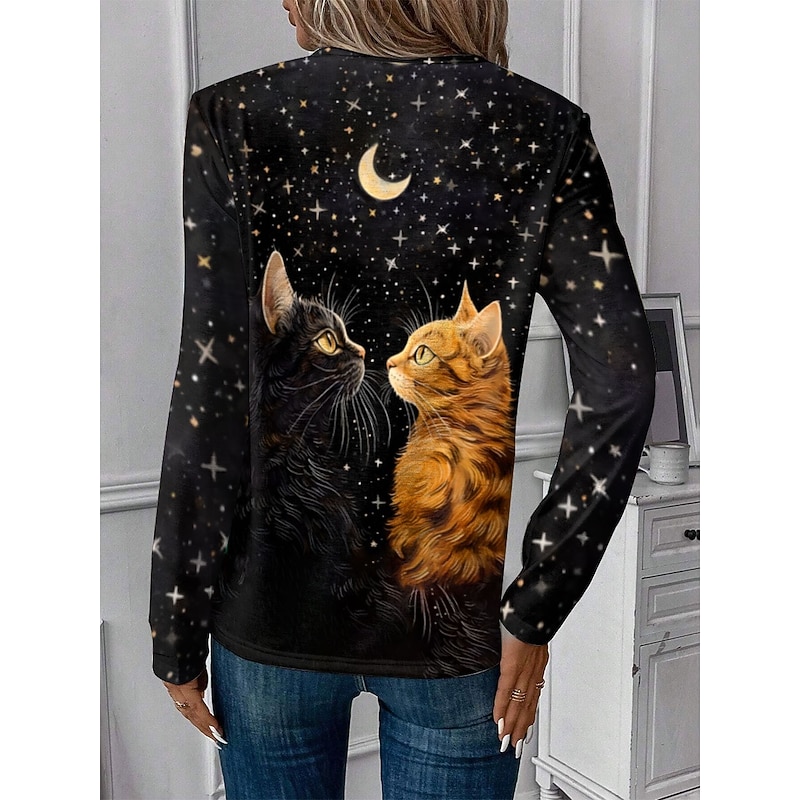 Halloween Women's T shirt Black Cat Long Sleeve Crew Neck Long Sleeve Tunic Cat Casual Regular Tops Daily Print Black Spring Fall Prefall2
