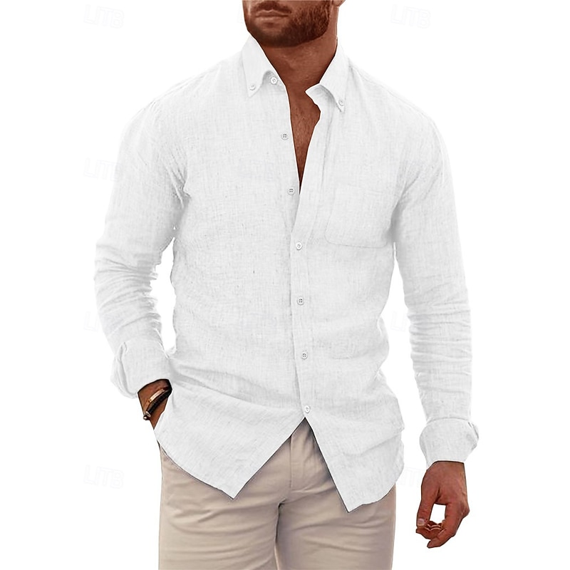 Men's Shirt Linen Shirt Summer Shirt Beach Wear Button Up Shirt Plain Vacation Casual Black White Blue Brown Long Sleeve Button Down Collar Spring & Summer Clothing Apparel