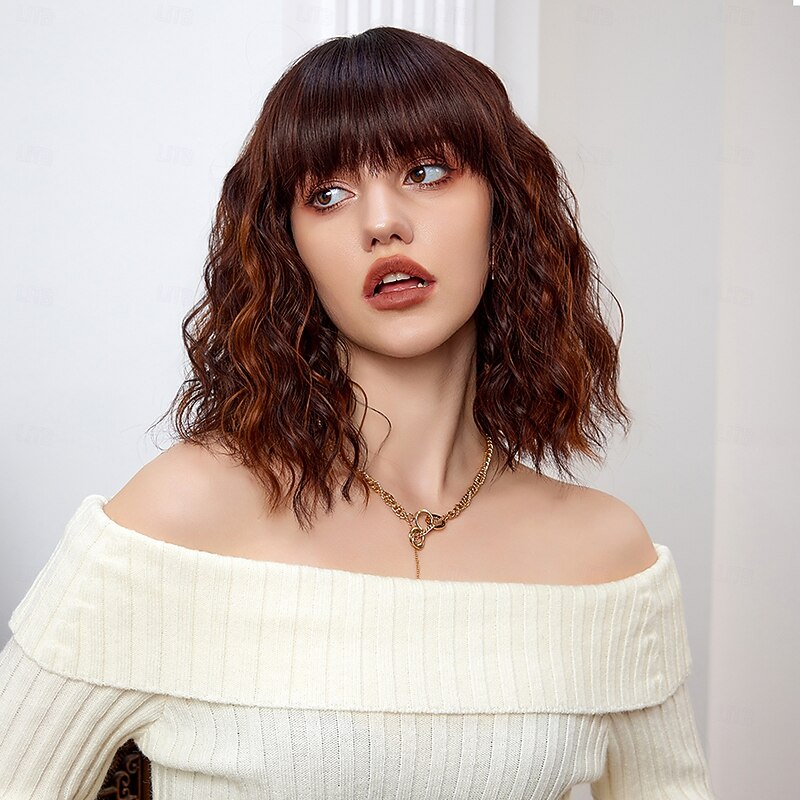 Cosplay Costume Wig Curly Bouncy Curl Bob Neat Bang With Bangs Wig 14 inch Brown / Burgundy Synthetic Hair Women's Elastic Adorable Comfortable Brown2