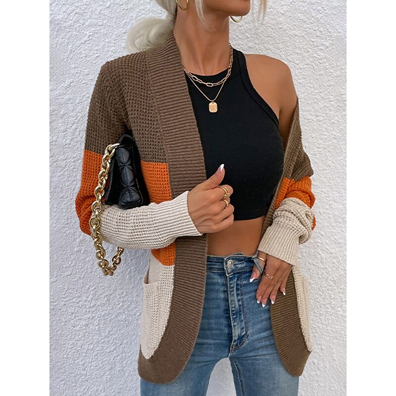 Women's Cardigan Casual Sweater Casual Soft Color Block V Neck Knitted Long Sleeve Regular Tops Knit Outdoor Daily Weekend Blue Brown Fall Winter3