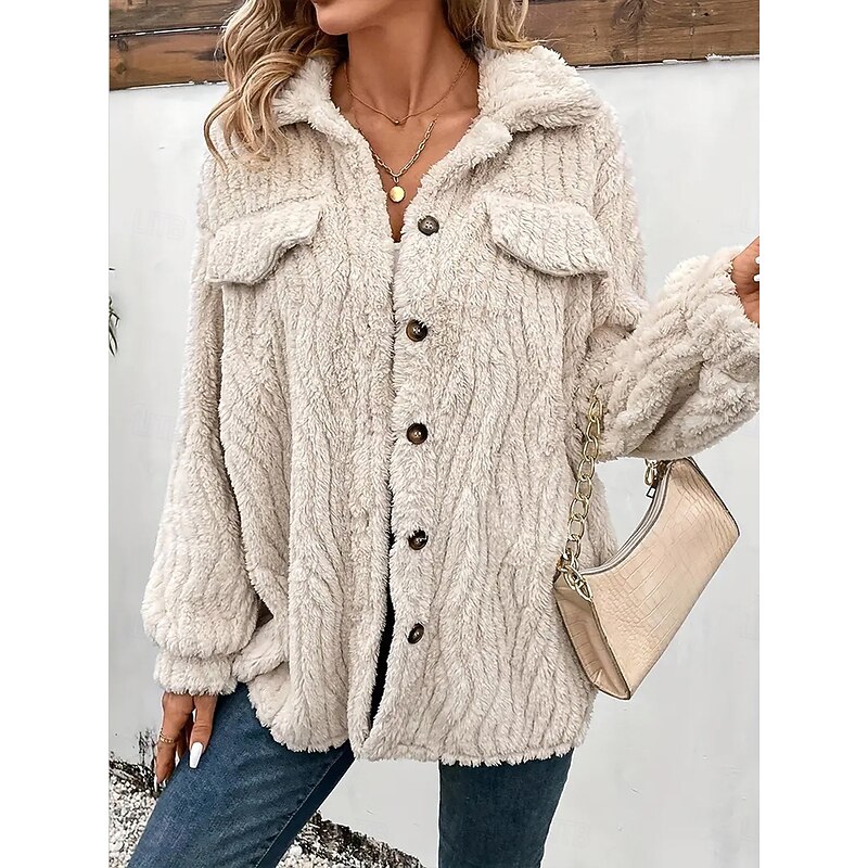 Women's Fleece Jacket Teddy Coat Warm Breathable Buttons Pocket Casual Plain Vacation Street Daily Wear Going out Cardigan Turndown Regular Fit Long Sleeve Outerwear Apricot Fall Winter