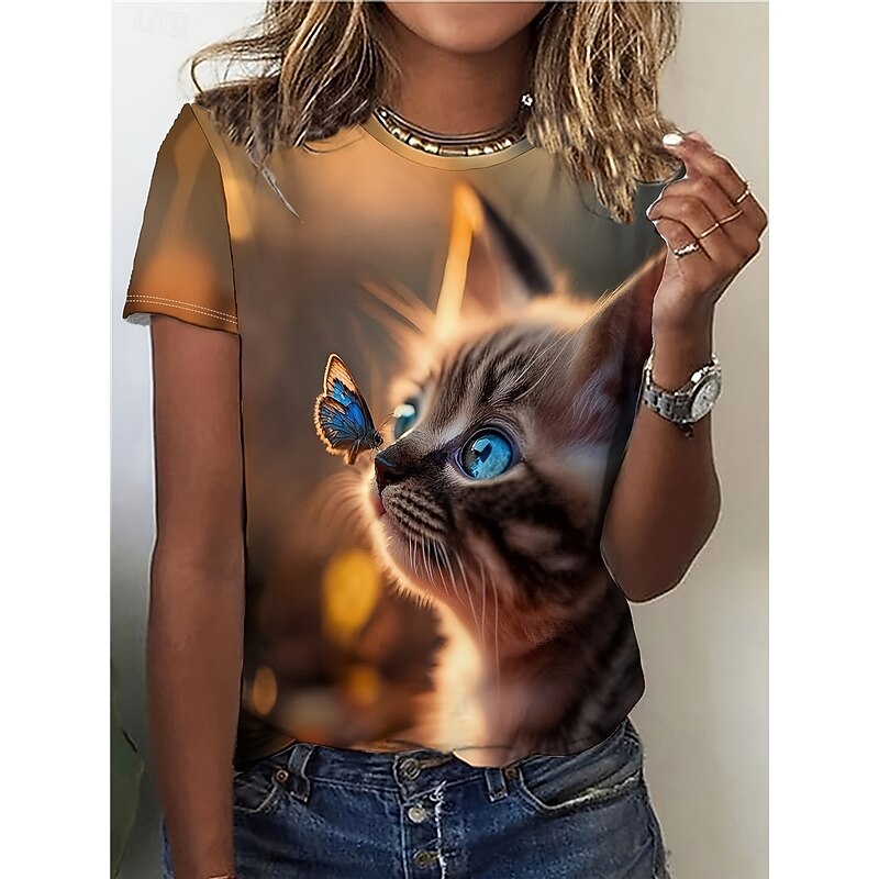 Women's T Shirt Casual Print Short Sleeve Regular Tops Daily Brown Summer