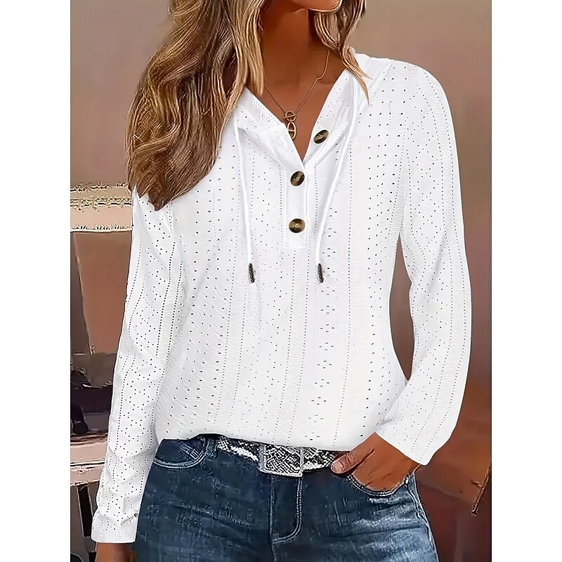Women's Pullover Elegant Casual Casual Hooded Buttons Long Sleeve White Spring Fall
