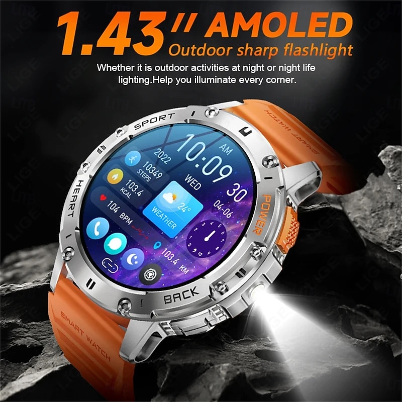 K65 Smart Watch 1.43 Inch AMOLED Screen Bluetooth Call Flashlight 530mAh Outdoor Men Smart Watch Sports Health Monitor For Android IOS2