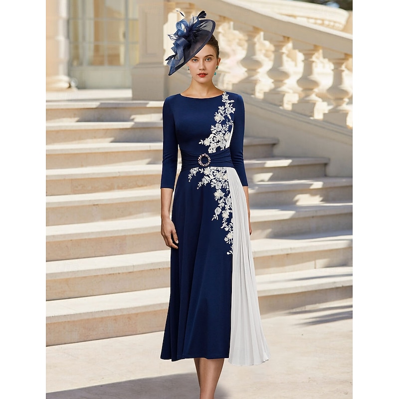 A-Line Mother of the Bride Dress Elegant Simple Jewel Neck Tea Length Stretch Chiffon Stretch Fabric 3/4 Length Sleeve with Beading Appliques Flower