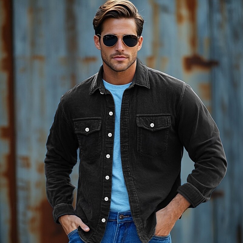 Men's Shirt Button Up Shirt Casual Shirt Corduroy Shirt Black Dark Navy Beige Long Sleeve Plain Collar Daily Vacation Clothing Apparel Fashion Casual4