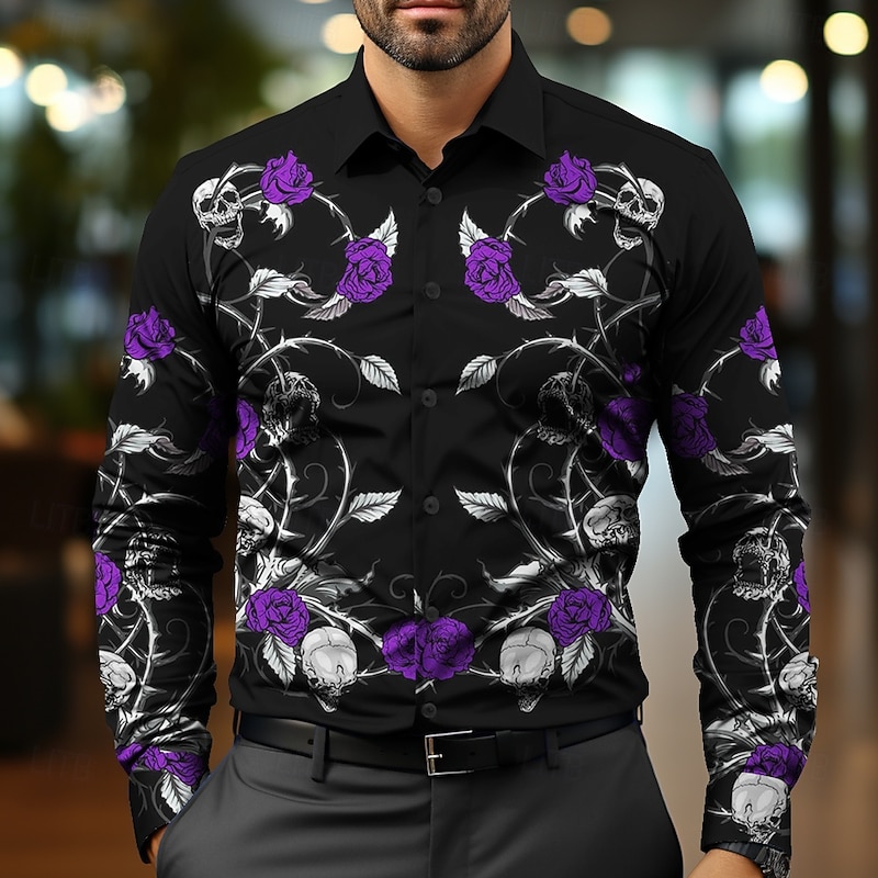 Men's Floral Halloween Costumes Day of the Dead Dress Shirt Button Up Shirt Long Sleeve Casual Business Casual Party Evening Wear Event / Party Daily Fall Winter Spring & Summer Shirt Collar Button4