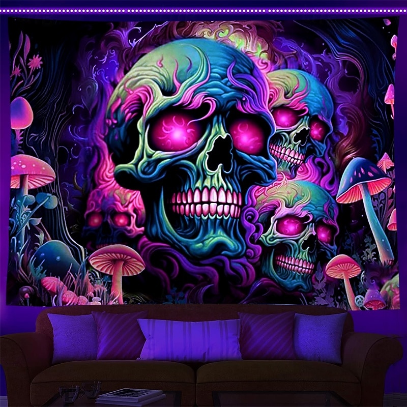 Blacklight Tapestry UV Reactive Glow in the Dark Glow Party Skulls Psychedelic Trippy Misty Hanging Tapestry Wall Art Mural for Living Room Bedroom