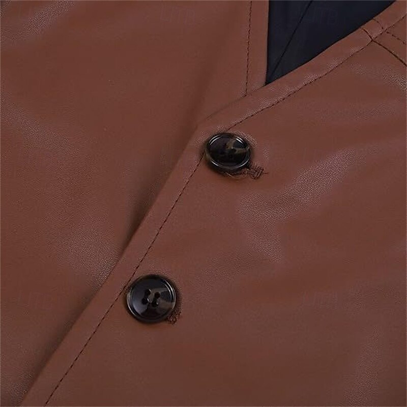 Men's Vest Gilet Leather Vest Daily Date Vacation Fashion Casual Spring &  Fall Button Pocket Polyester Comfortable Plain Single Breasted One-button V Neck Regular Fit Black Burgundy Camel Vest4