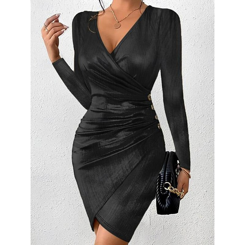 Women's Mini Dress Black Dress Cocktail Dress Formal Dress Plain Dress Casual Street Date Regular Fit Plain Long Sleeve V Neck Silver Black Red Spring Fall2
