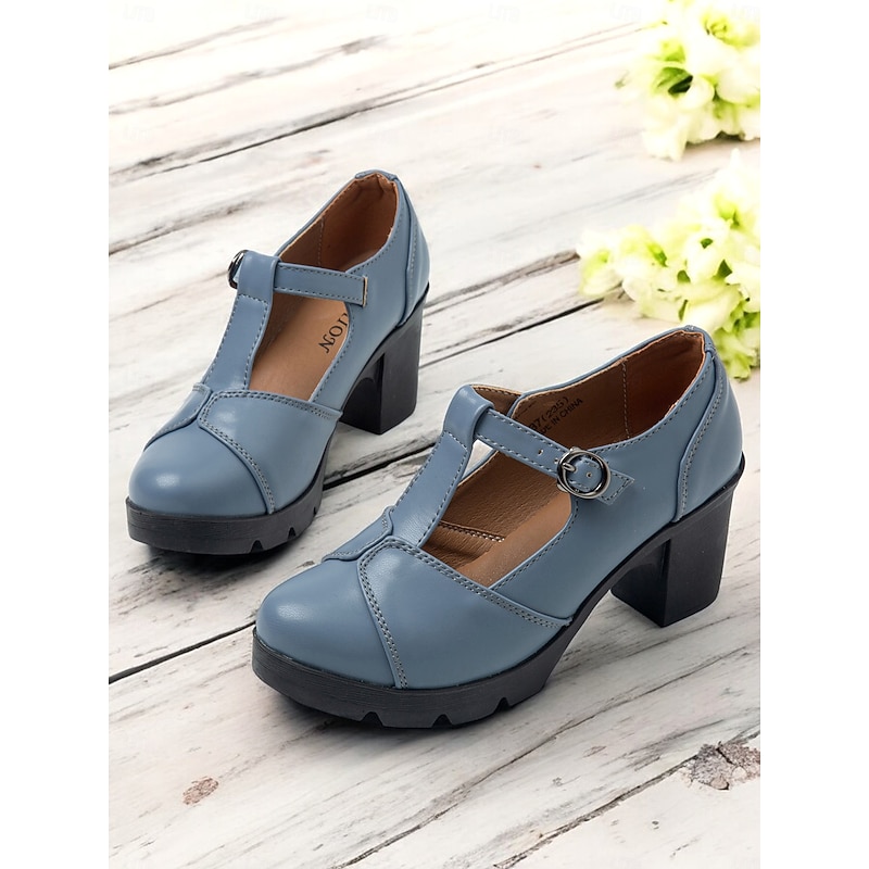 Women's Blue Mary Jane Chunky Heel Shoes - Retro T-Strap Design for Office and Casual Wear3