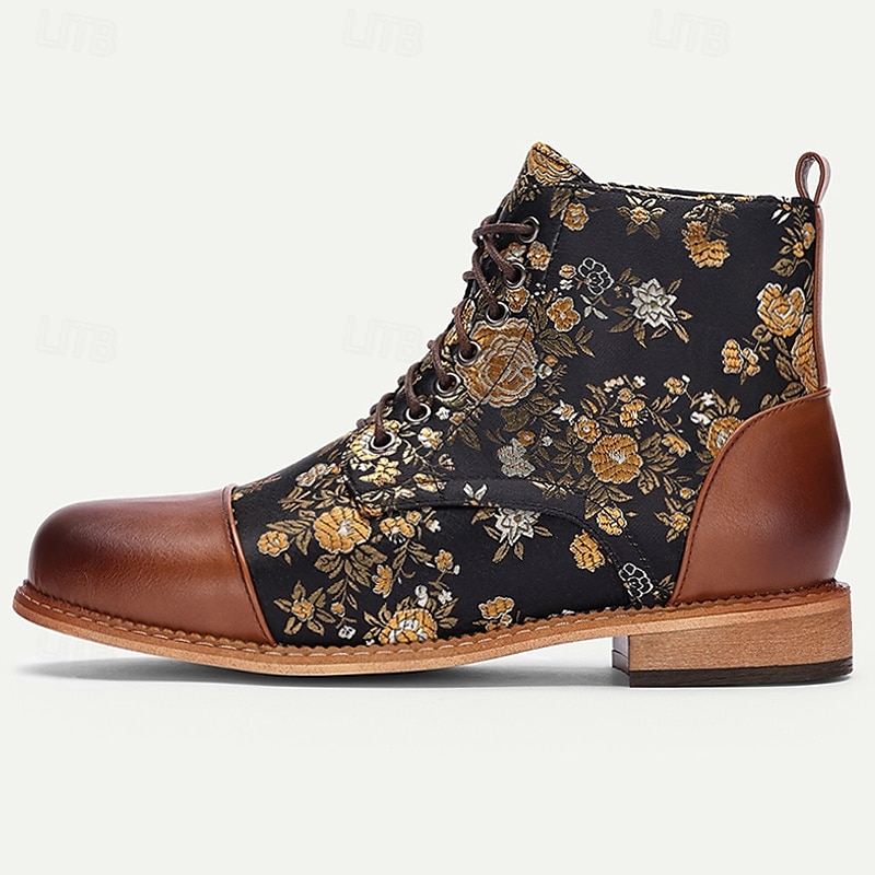 Men's Floral Jacquard and Brown Faux Leather Lace-Up Boots - Vintage Oxford Ankle Boots with Retro Style for Casual and Formal Wear4