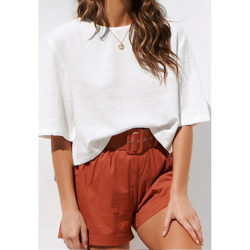 Women's Shirt Linen-Inspired Shirts Button Up 3/4 Length Sleeve Crew Neck White Summer Spring Fall4