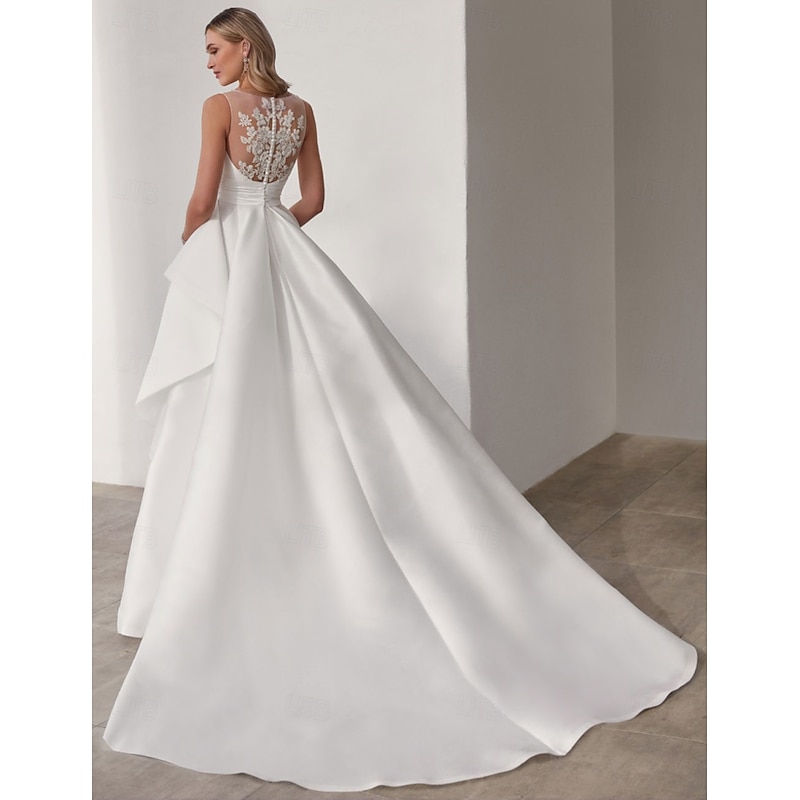 Wedding Dresses A-Line V Neck Sleeveless Floor Length Satin Bridal Gowns With Appliques Solid Color2