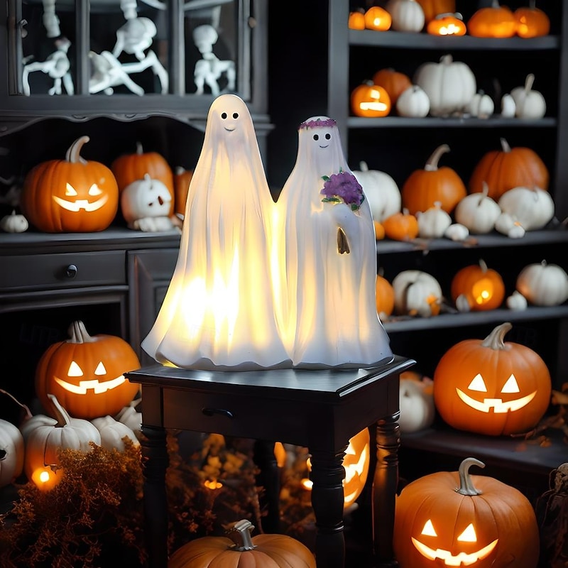 Halloween Decorations Lighted Ghost Night Light, Bride and Groom Figurine Light Up Resin Ornaments, Spooky Home Decor, Perfect for Party Decorations 1Set