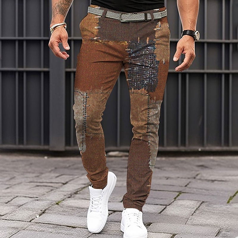 Men's Graphic Geometric Color Block Dress Pants Mid Waist Vintage Casual Formal Dailywear Pocket Summer Spring Fall Brown